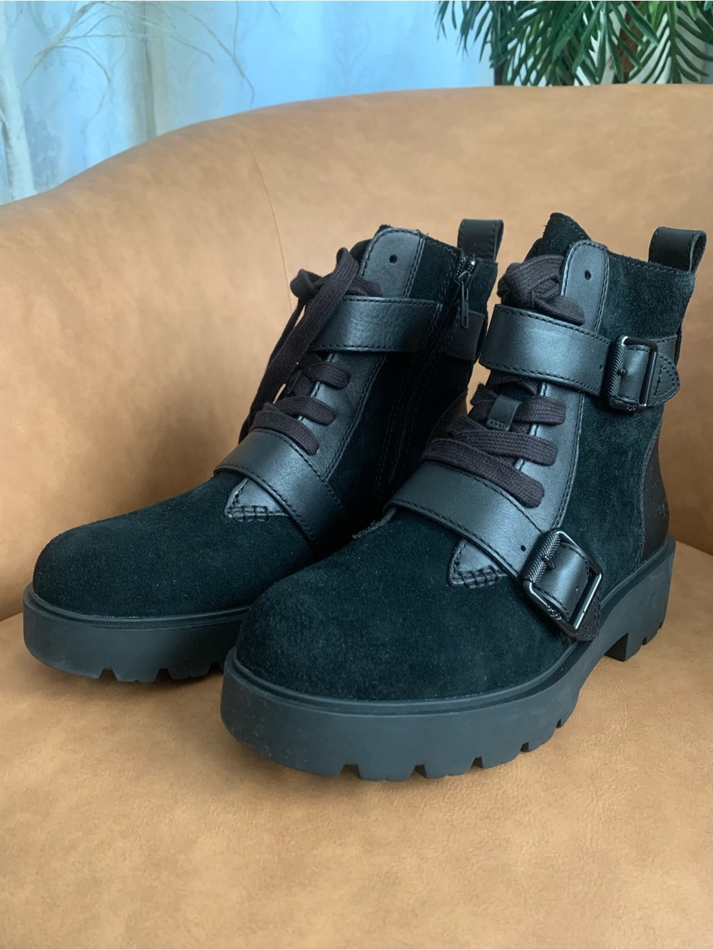UGG Black Suede & Leather Buckle Lace-Up Ankle Boots